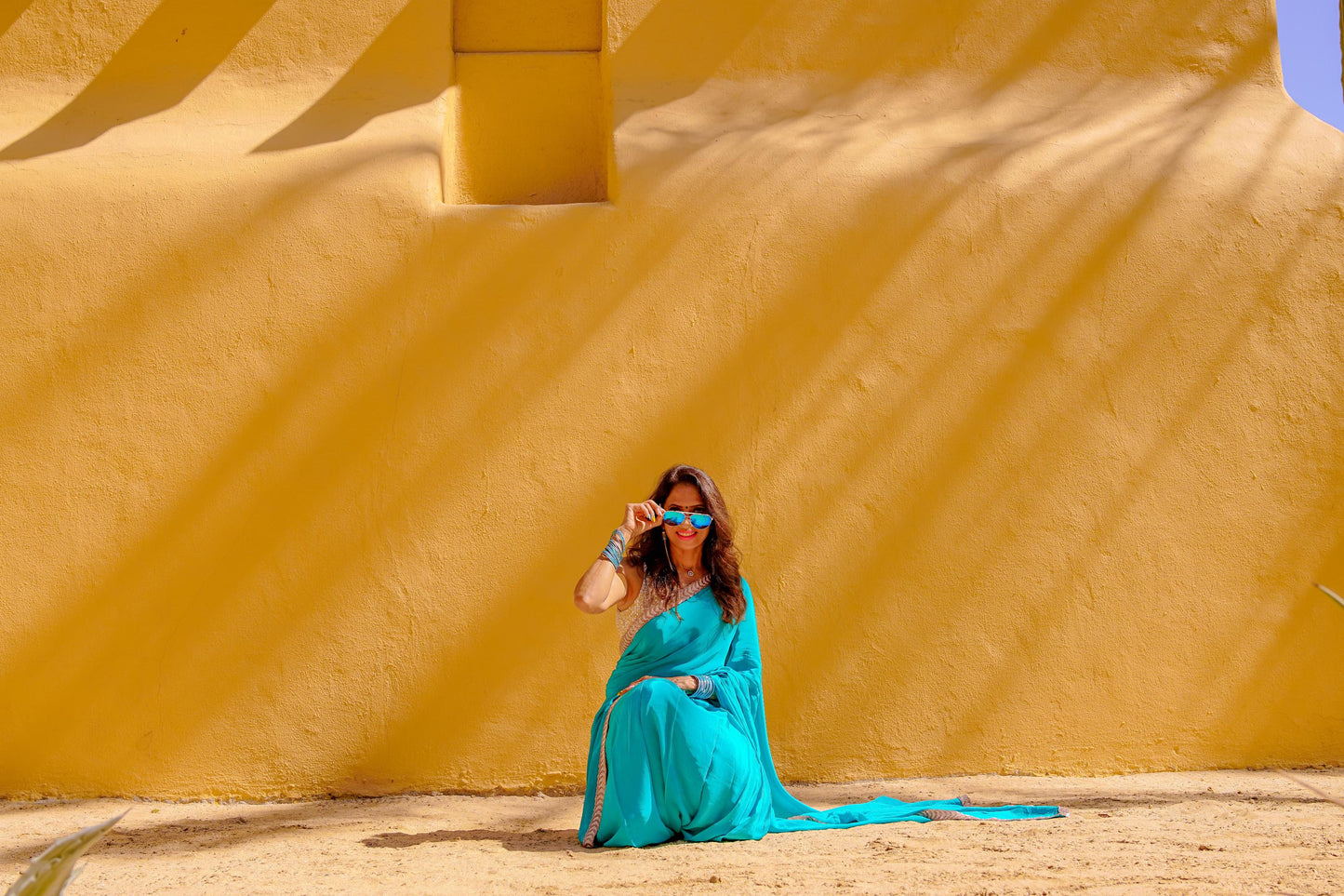 Cyan Crepe Readymade Saree