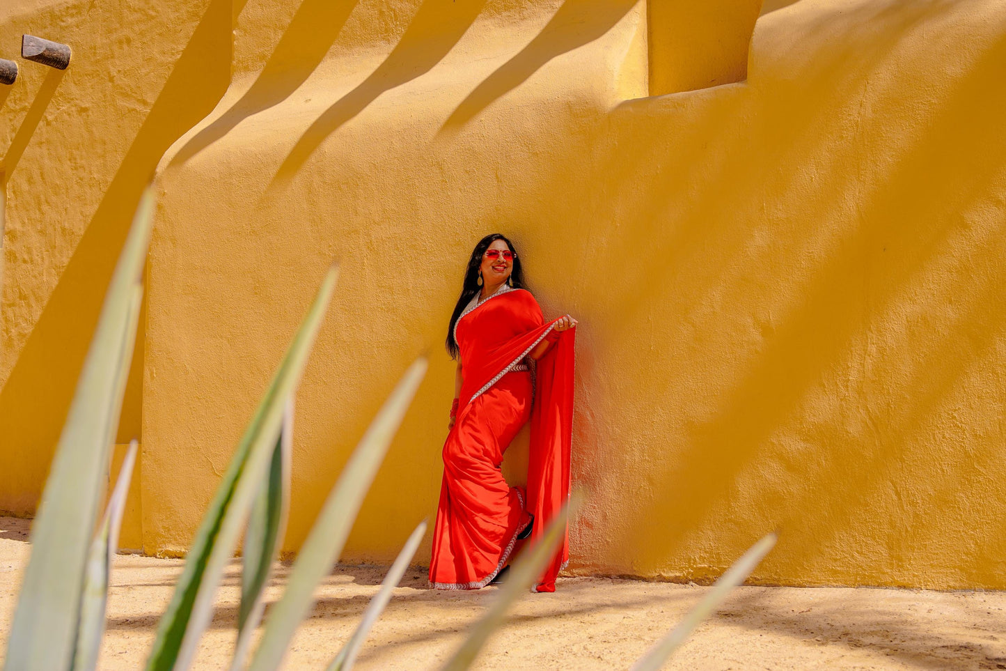 Red Crepe Readymade Saree