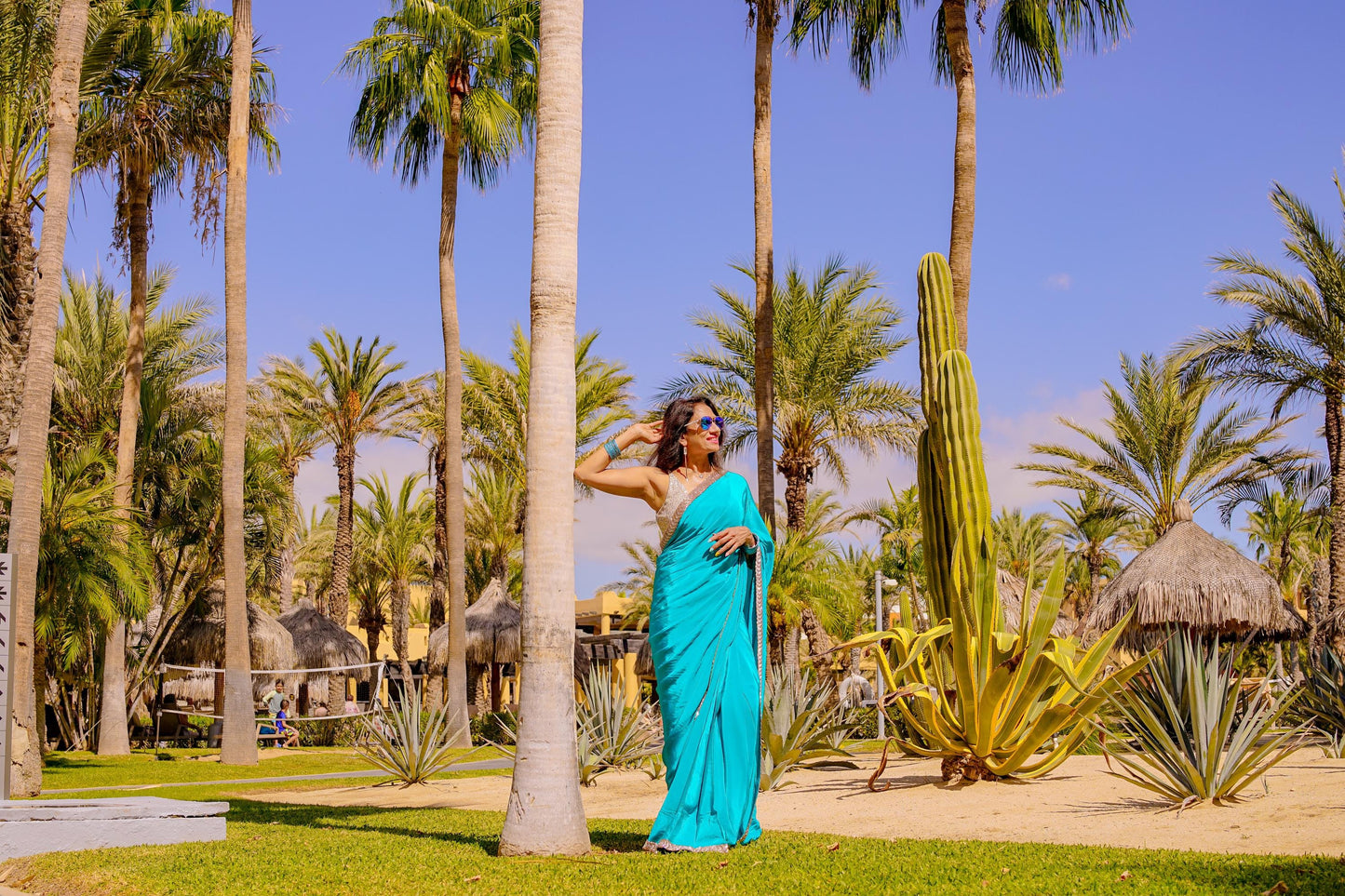 Cyan Crepe Readymade Saree