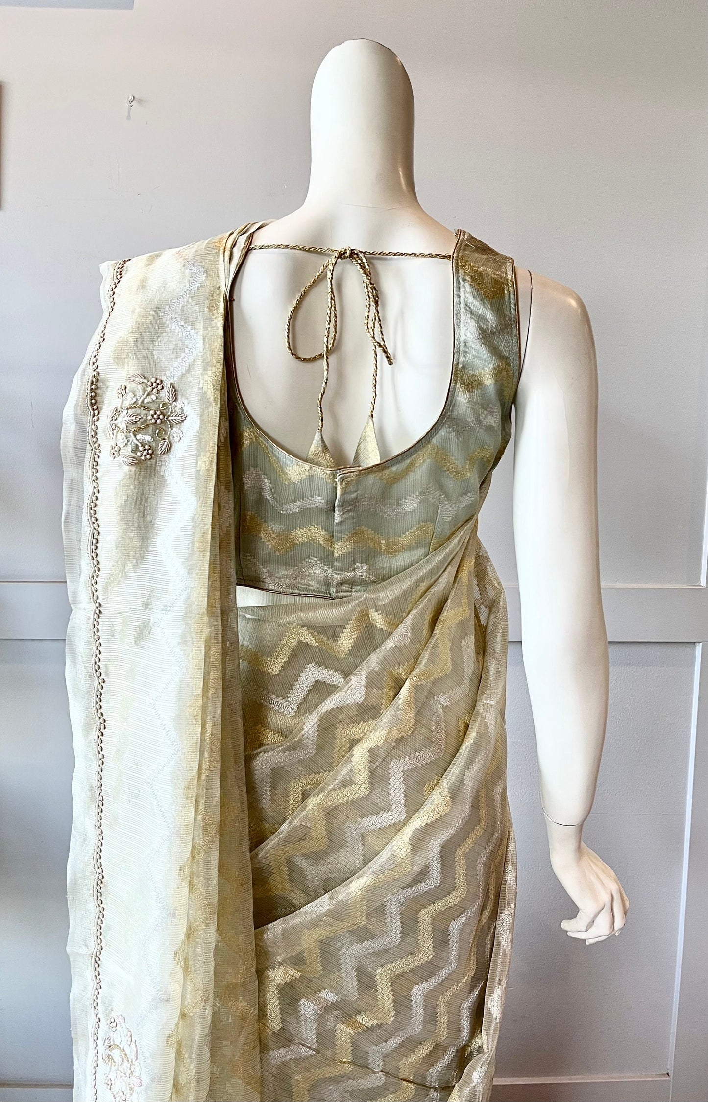 Grey and Gold Color Tissue Silk Saree