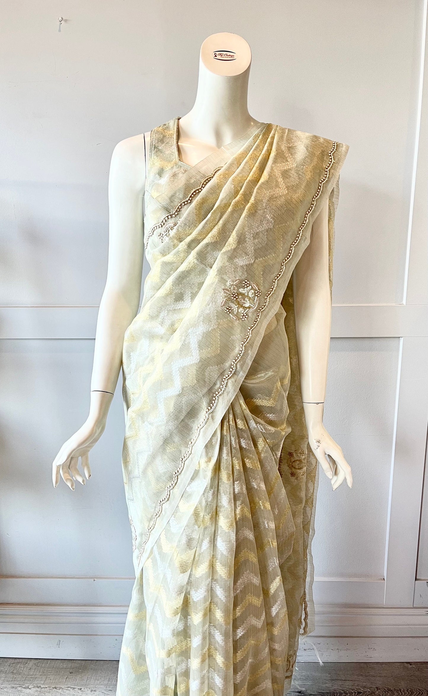 Grey and Gold Color Tissue Silk Saree