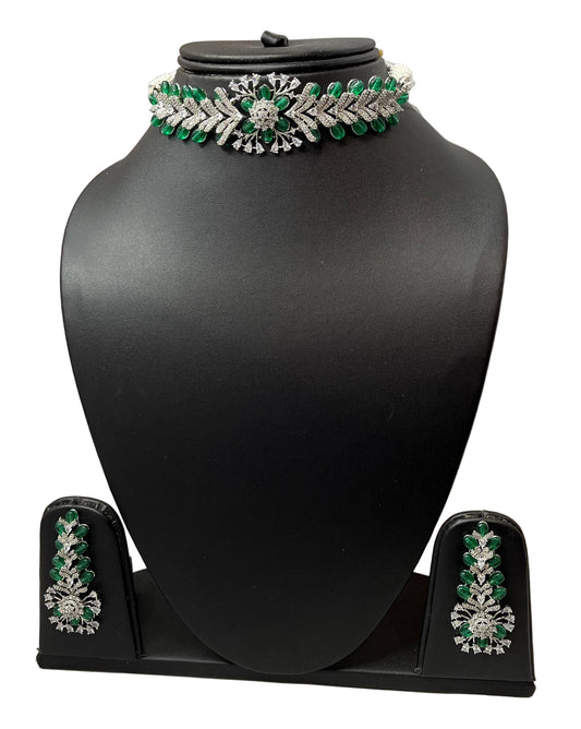 American Diamond Green Color Kundan Set