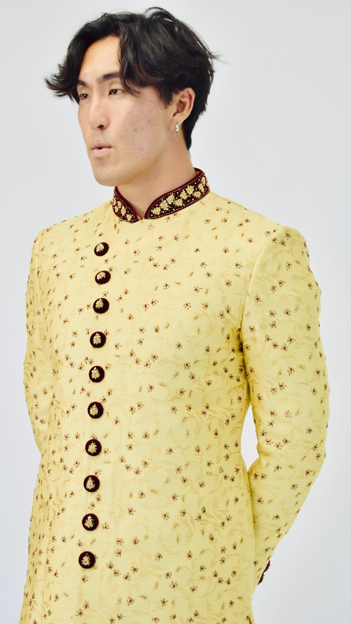 Gold & Maroon Beaded Sherwani Set