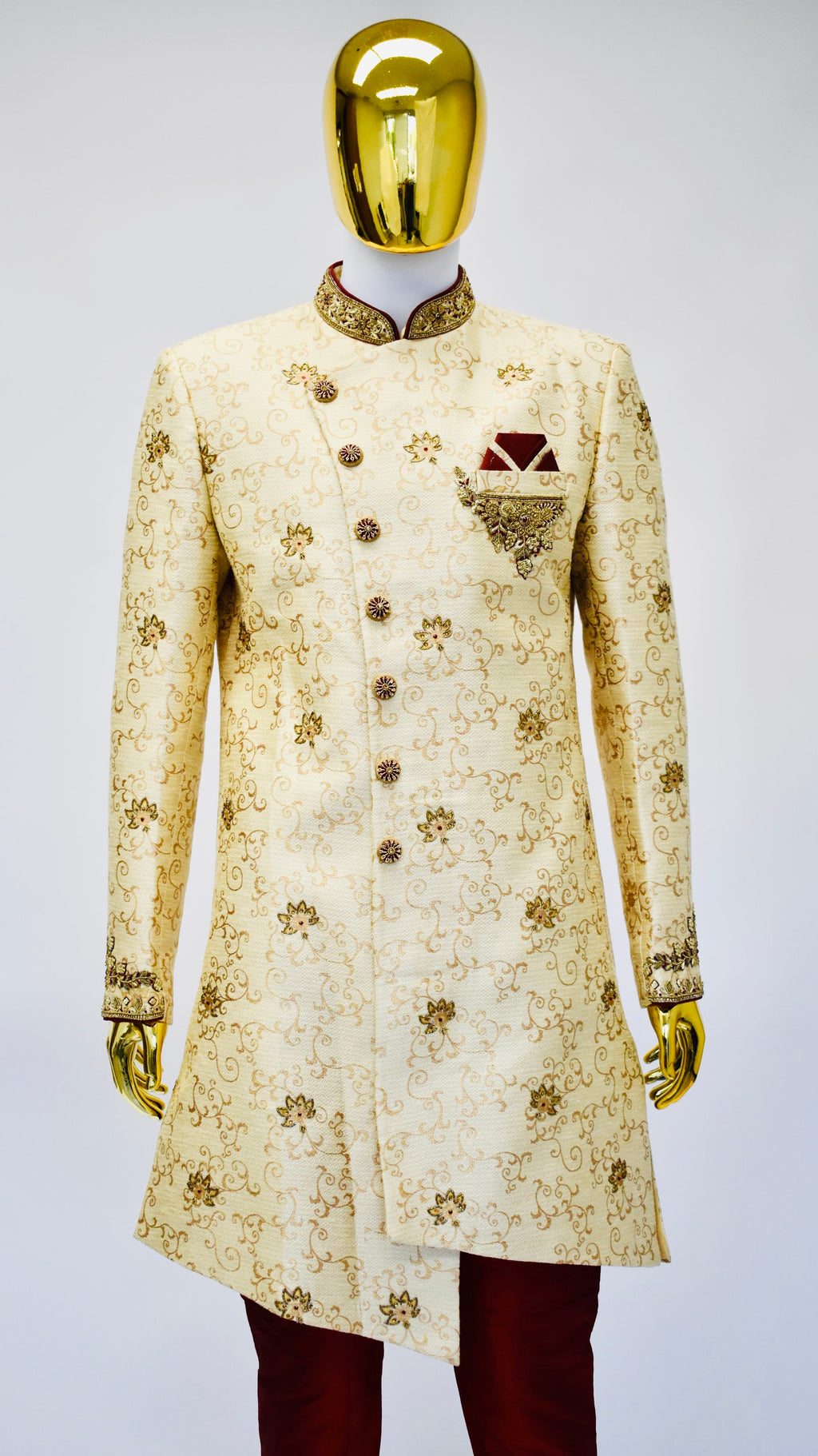 Gold &amp; Maroon Color Sherwani Set