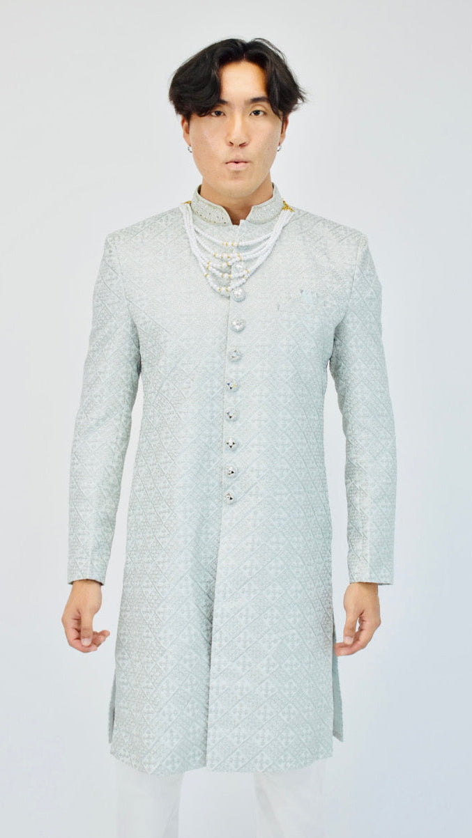 Light Grey Sherwani Set with Pearls