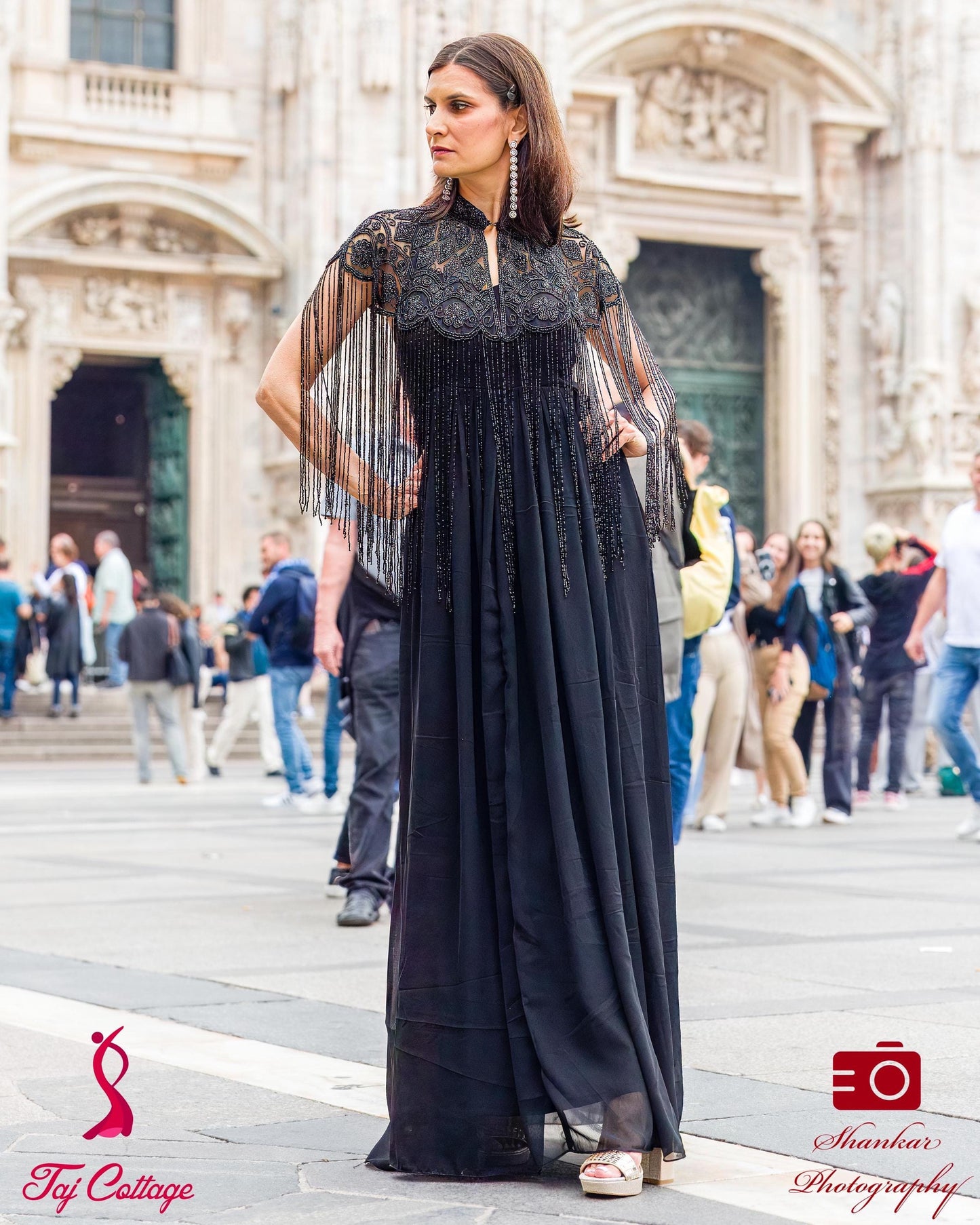 Black Ivory Beaded Tulle Cape With Gown
