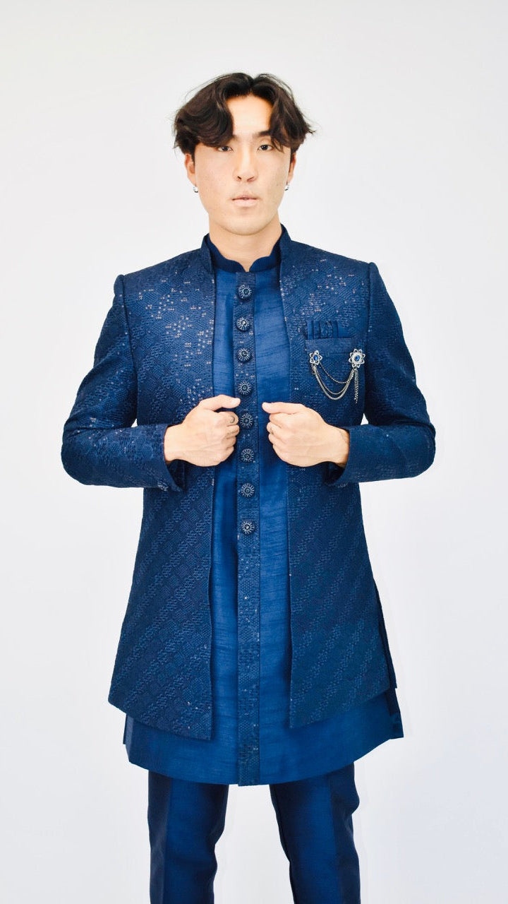 Blue Silk Blend Sherwani Set