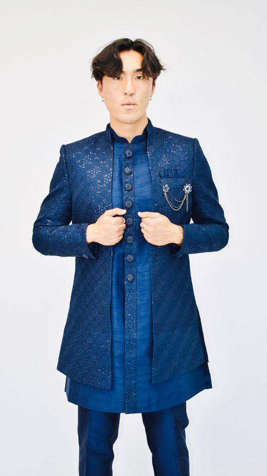 Blue Silk Blend Sherwani Set