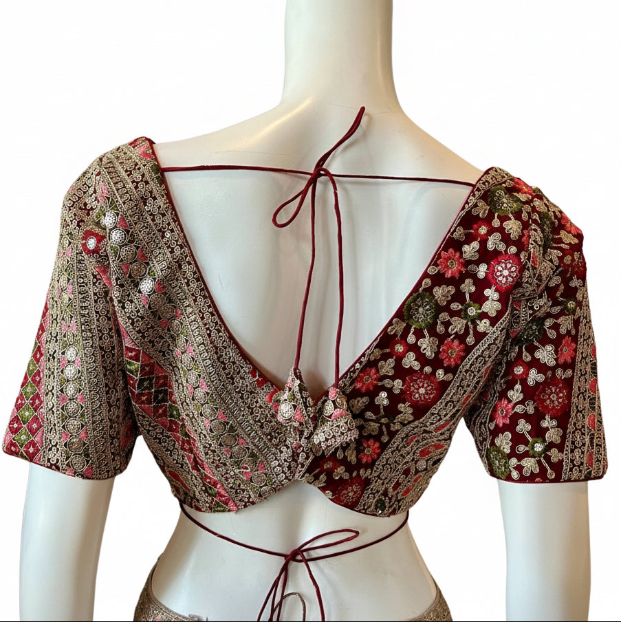 Maroon Embroidered Blouse with Tassels
