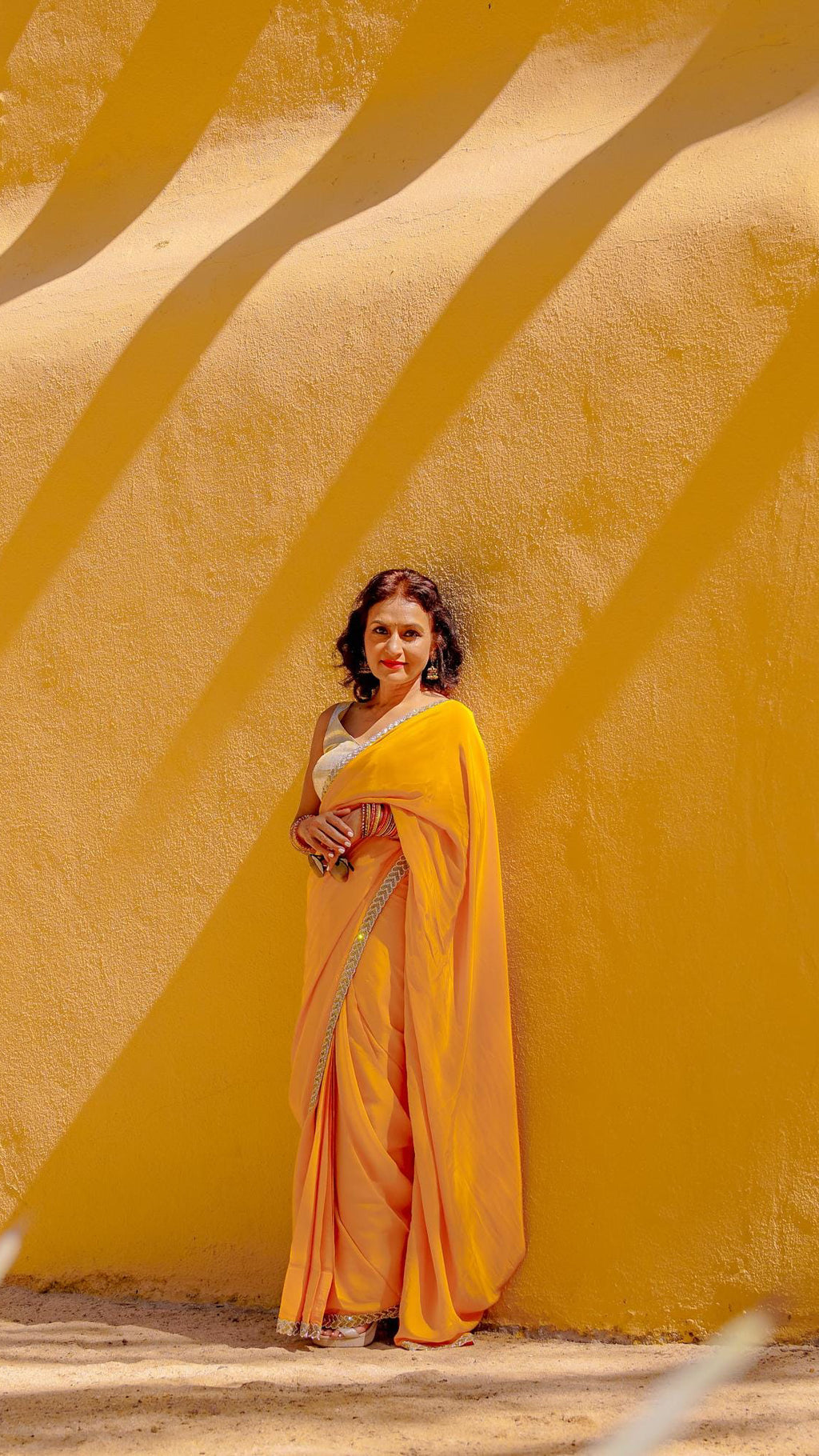 Mustard Yellow Crepe Readymade Saree