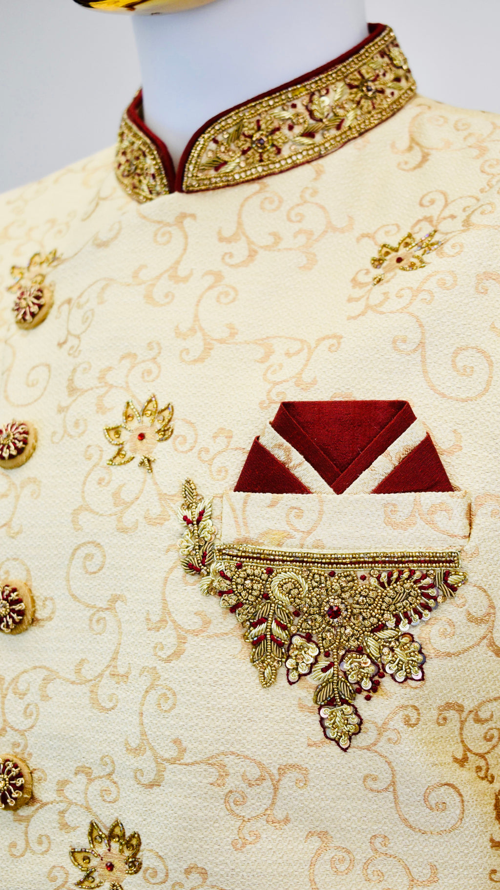 Gold &amp; Maroon Color Sherwani Set