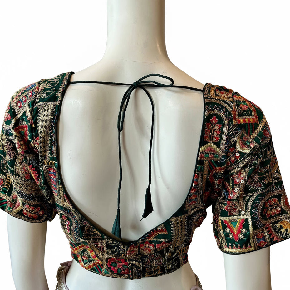 Green Embroidered Blouse with Tassels