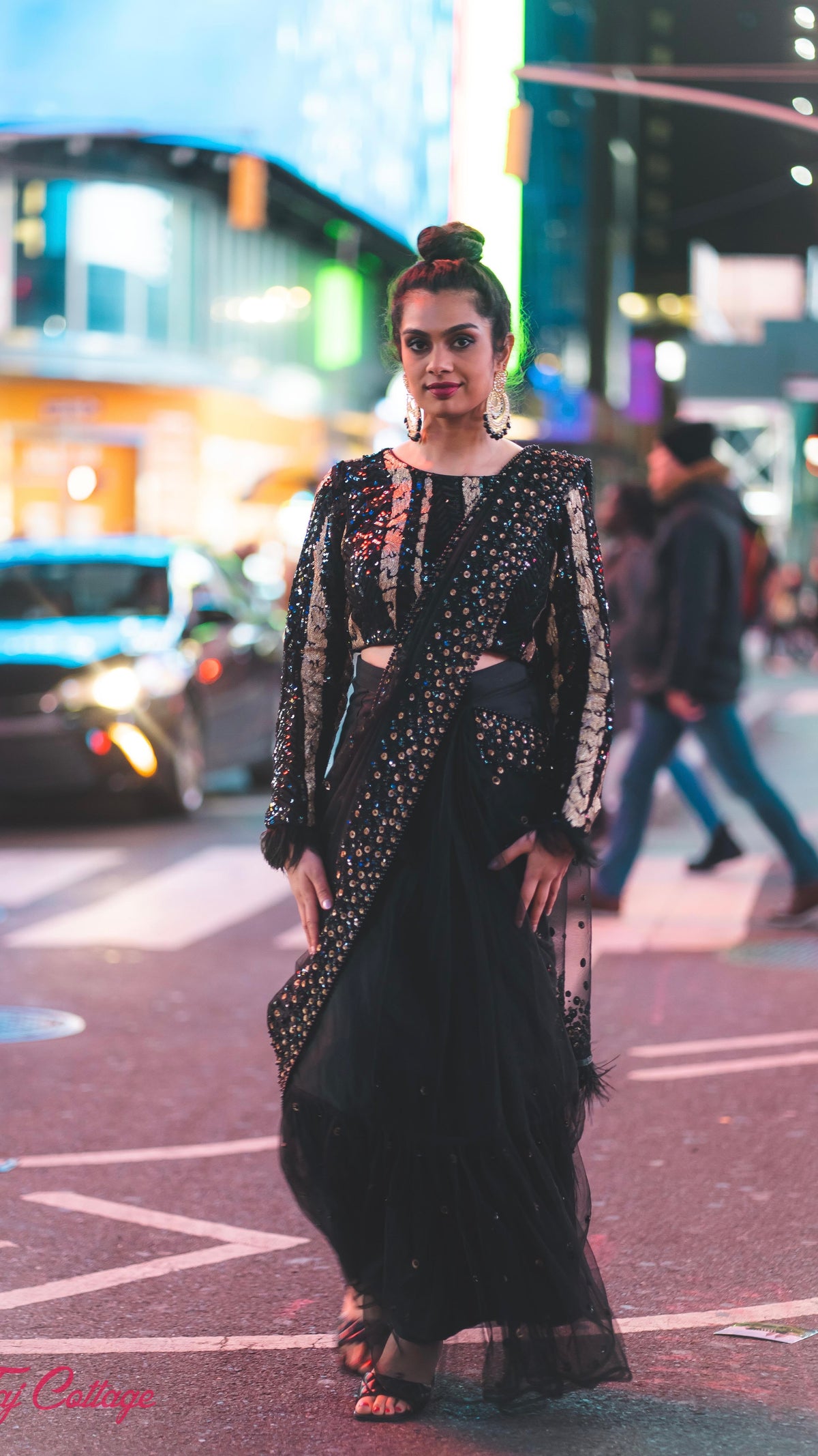 Black & Gold Sequins Readymade Saree