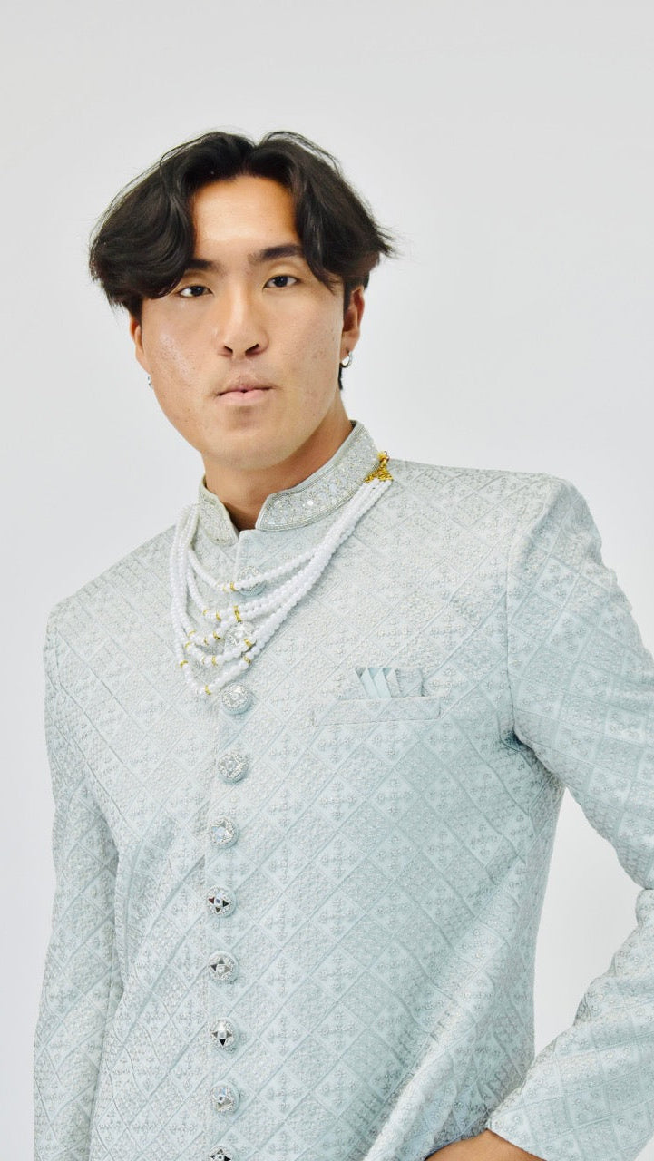 Light Grey Sherwani Set with Pearls