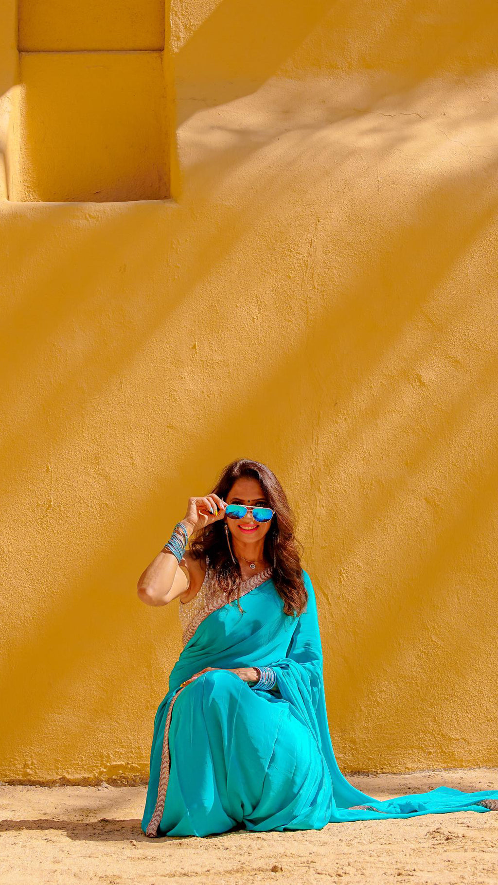 Cyan Crepe Readymade Saree
