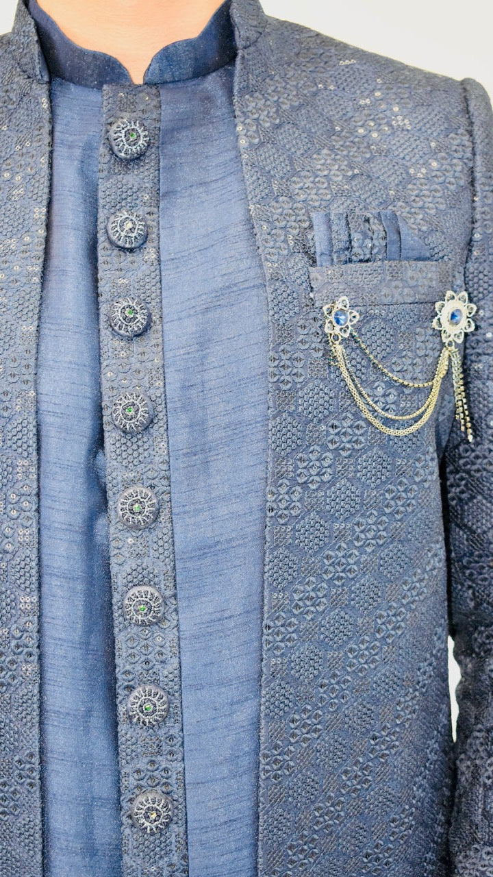 Blue Silk Blend Sherwani Set