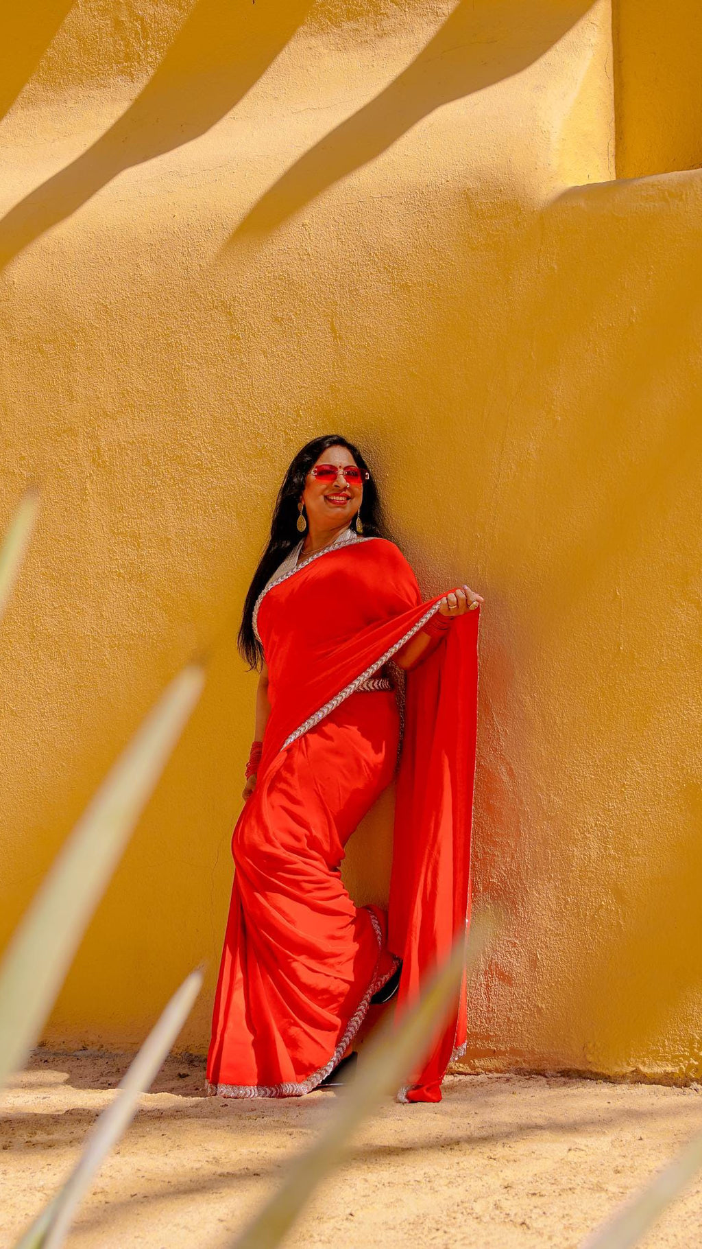 Red Crepe Readymade Saree