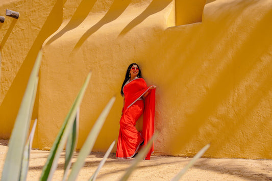 Red Crepe Readymade Saree