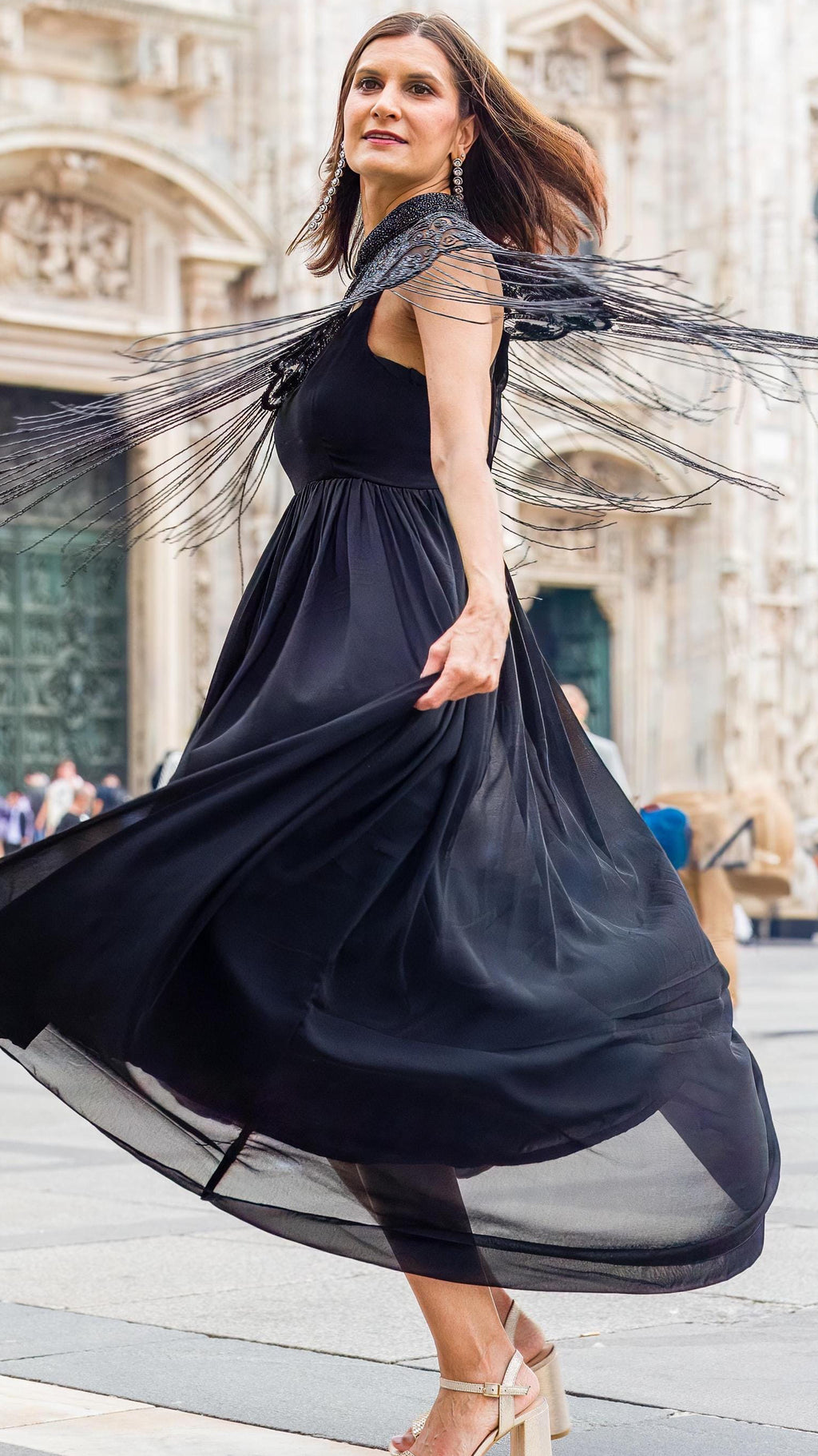 Black Ivory Beaded Tulle Cape With Gown