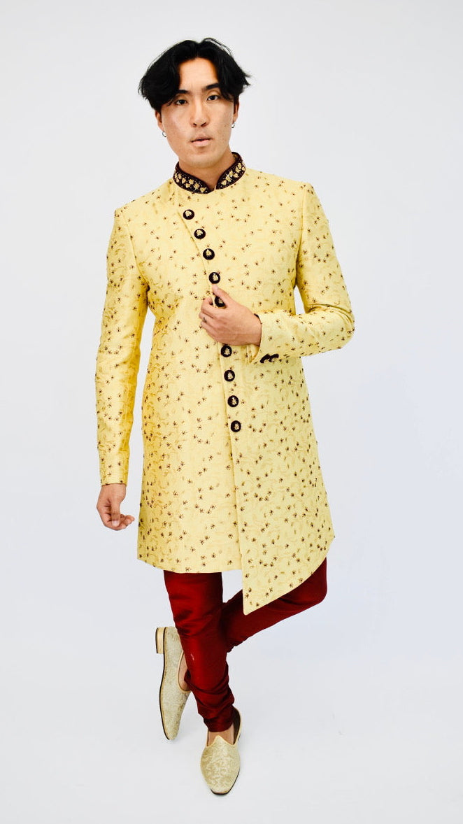 Gold & Maroon Beaded Sherwani Set