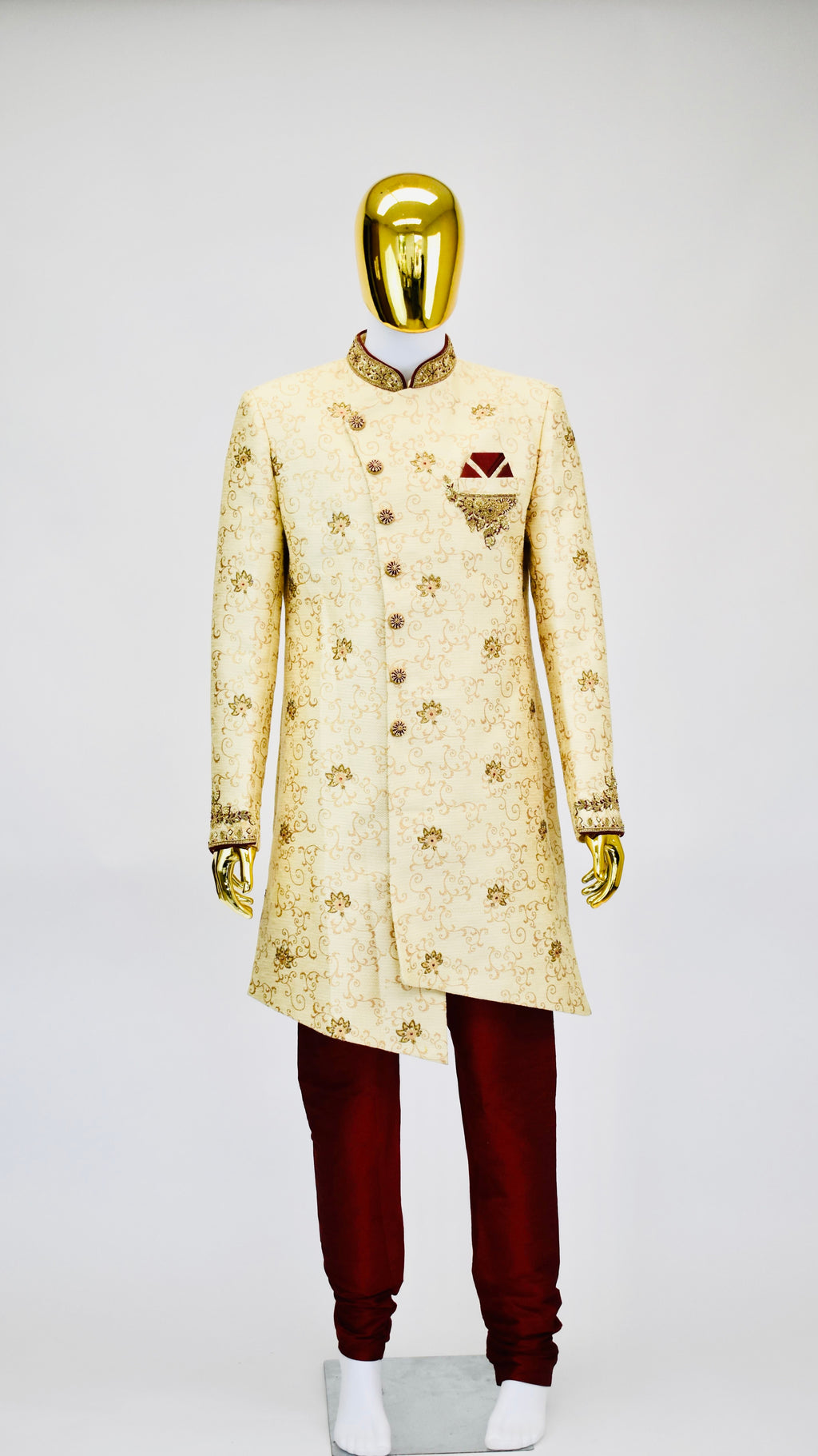 Gold &amp; Maroon Color Sherwani Set