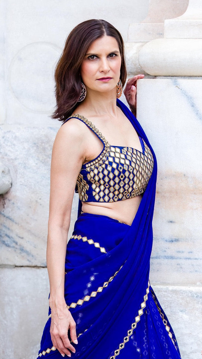 Blue & Gold Mirror Ready-made Saree