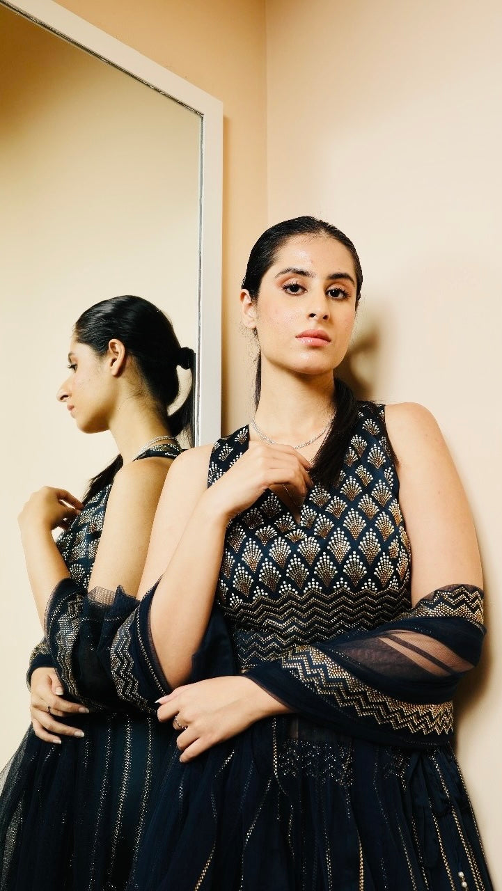 Navy Blue Silk Blend Lehnga Set