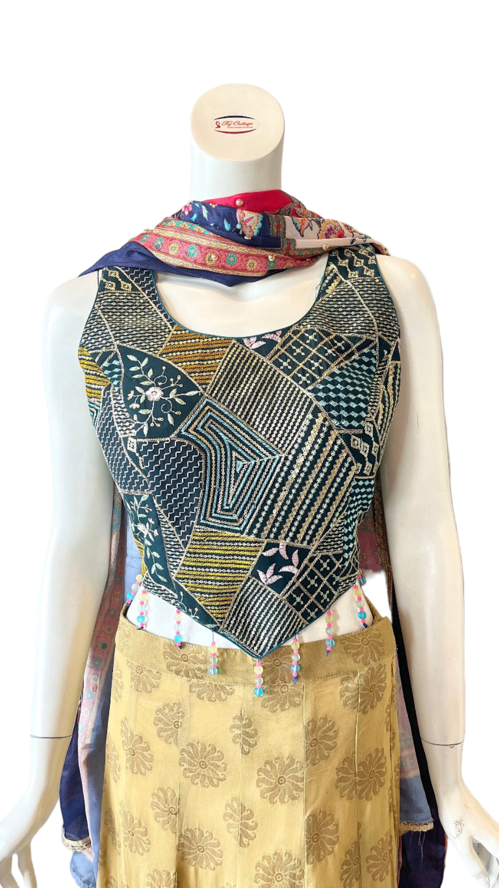 Gold & Blue Embroidered Sleevless Lehnga