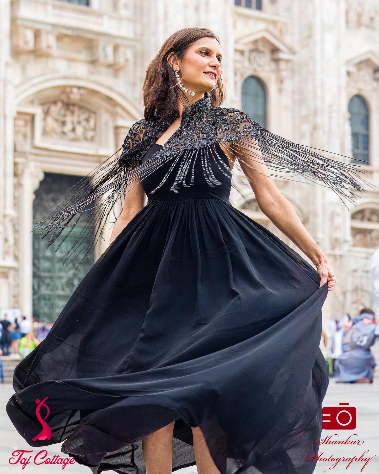 Black Ivory Beaded Tulle Cape With Gown