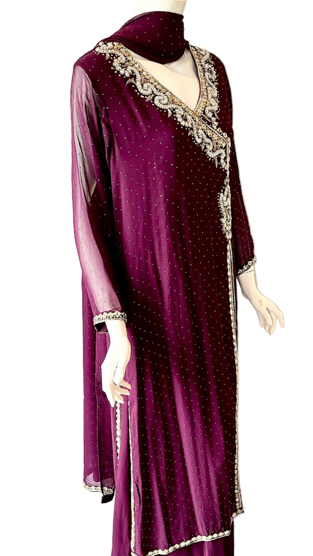 Wine Georgette Crystal Gown