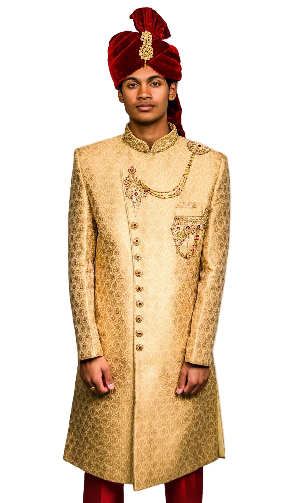 Gold &amp; Maroon Color Sherwani Set