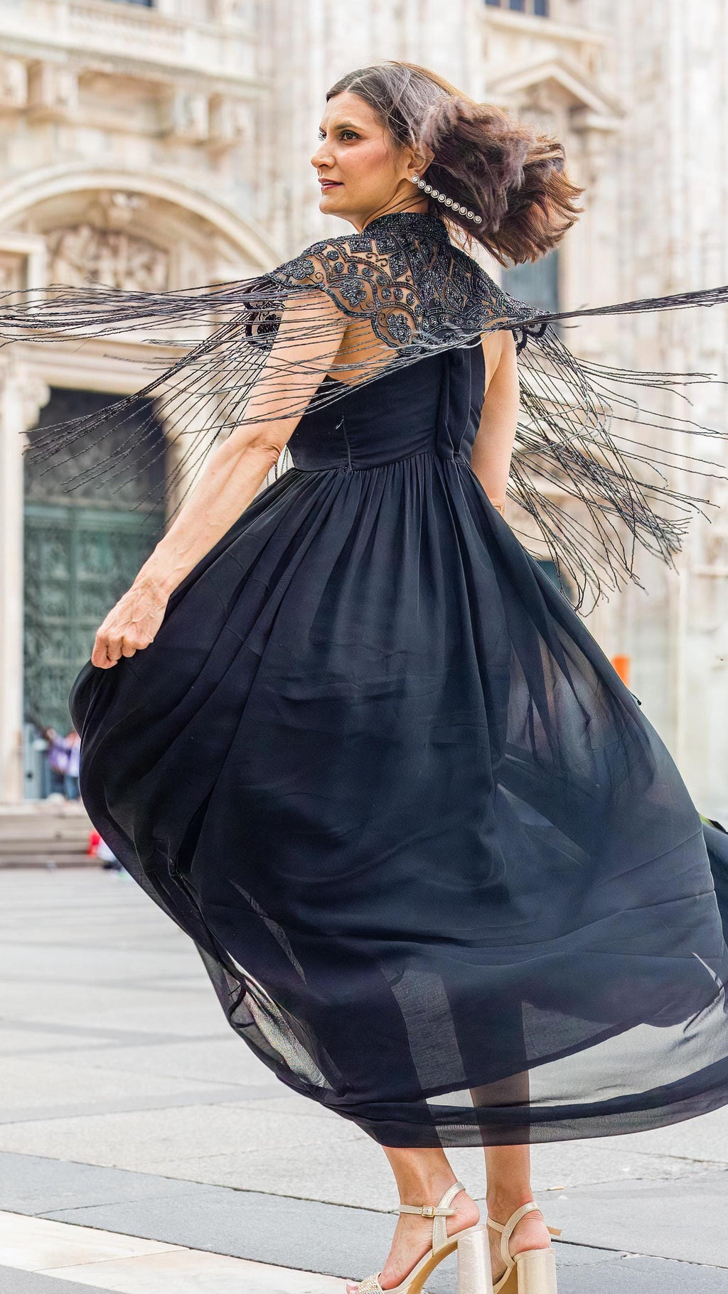 Black Ivory Beaded Tulle Cape With Gown