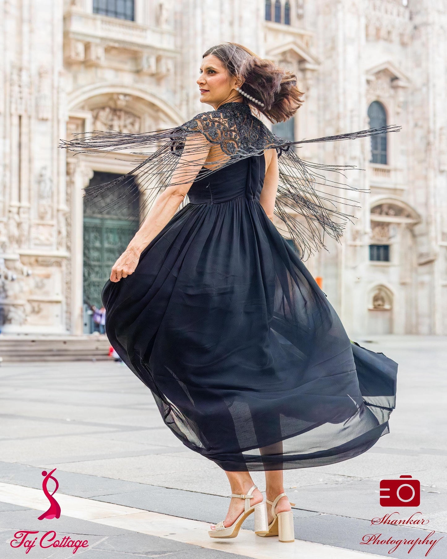 Black Ivory Beaded Tulle Cape With Gown