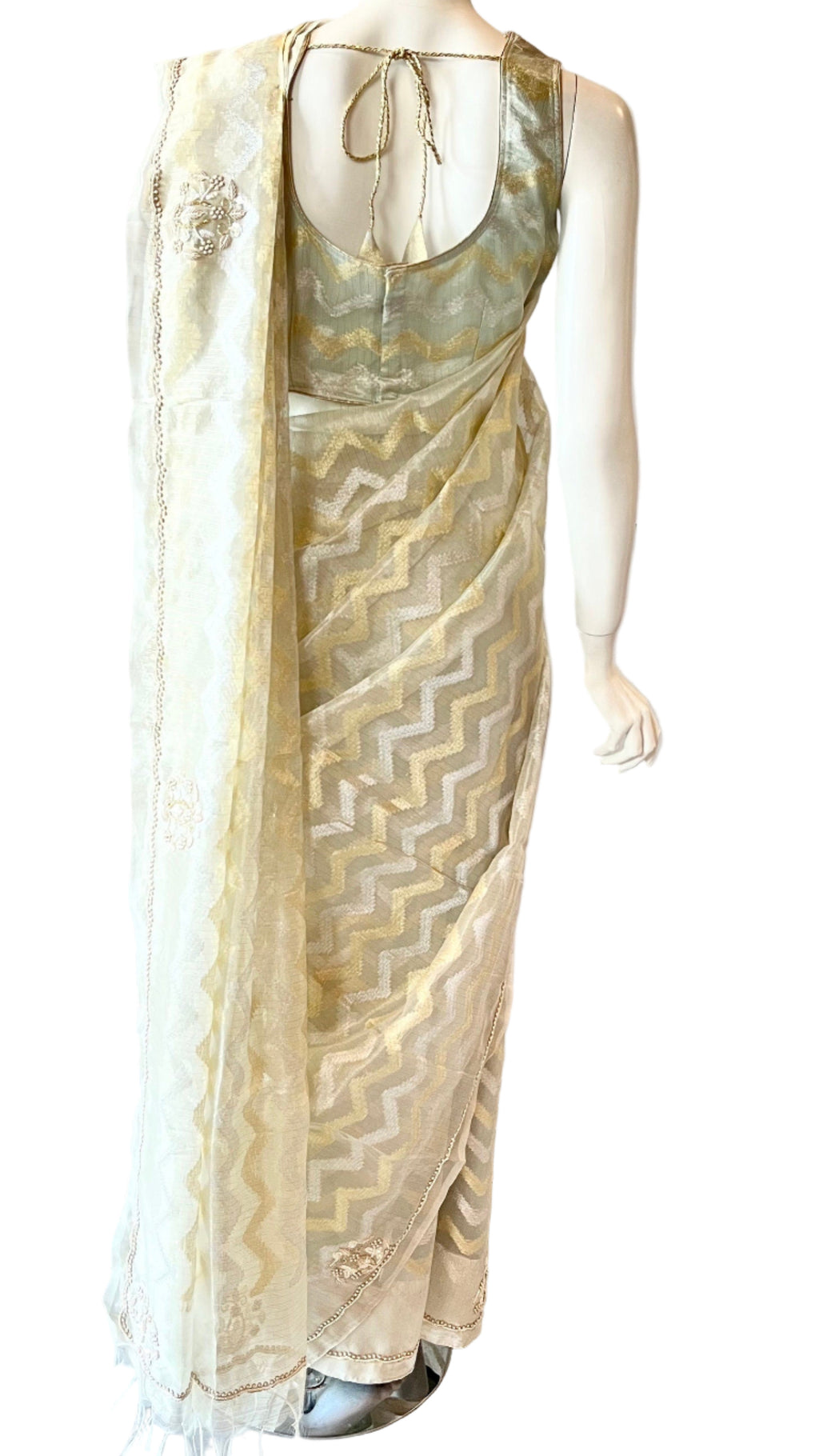 Grey and Gold Color Tissue Silk Saree