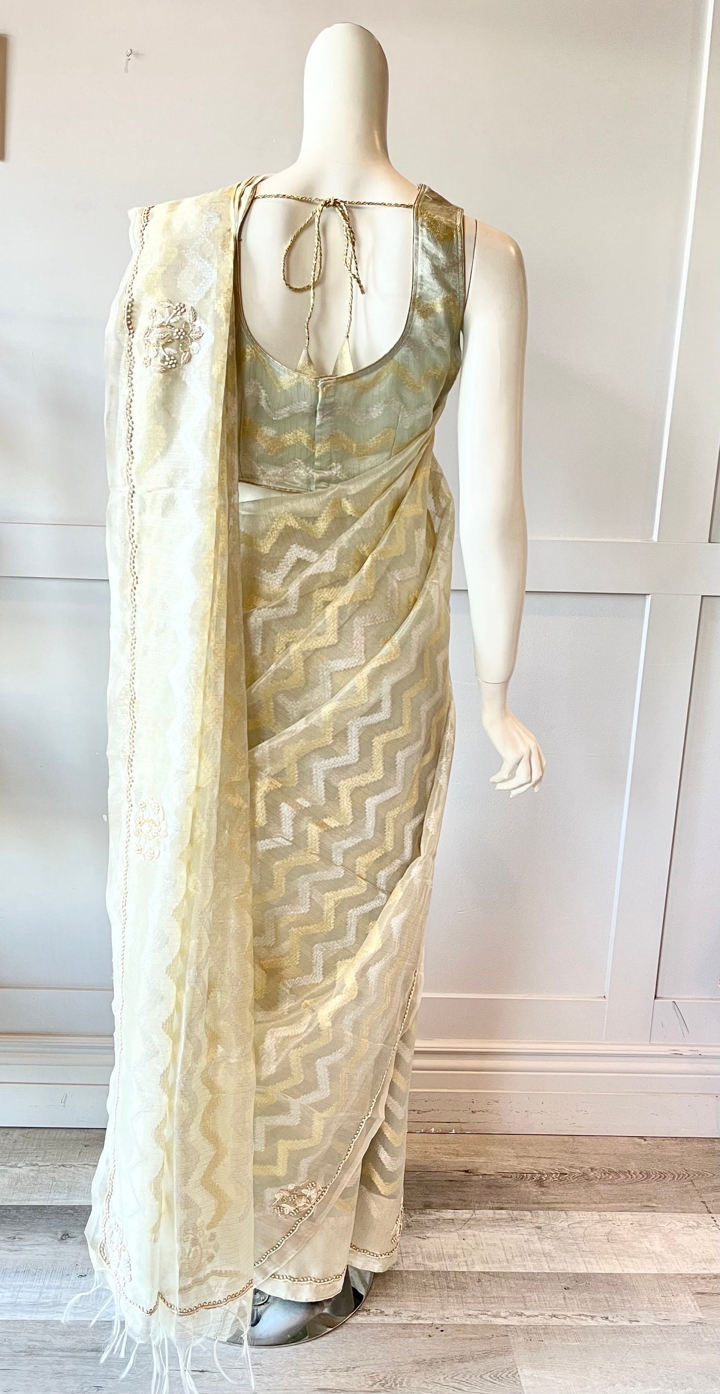 Grey and Gold Color Tissue Silk Saree