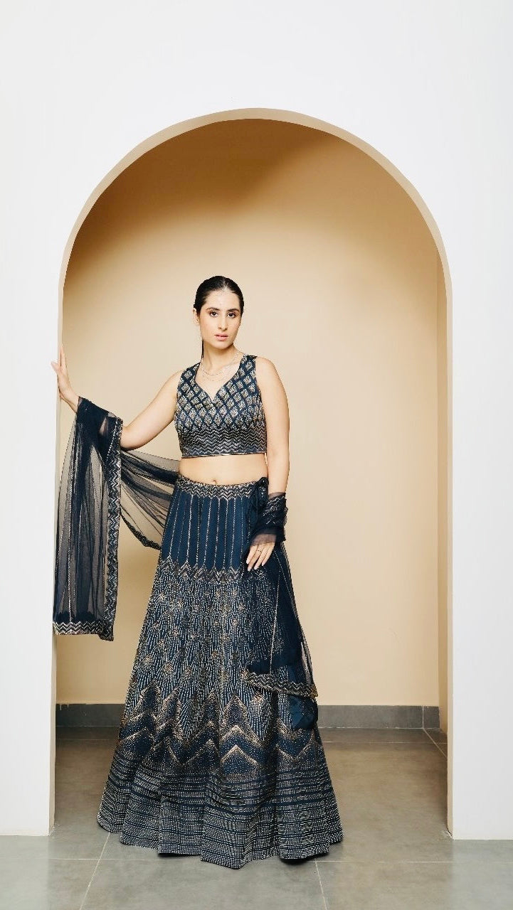 Navy Blue Silk Blend Lehnga Set