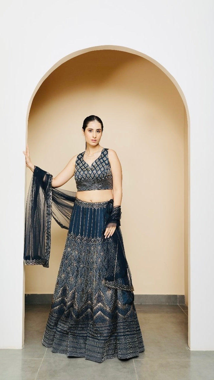 Navy Blue Silk Blend Lehnga Set