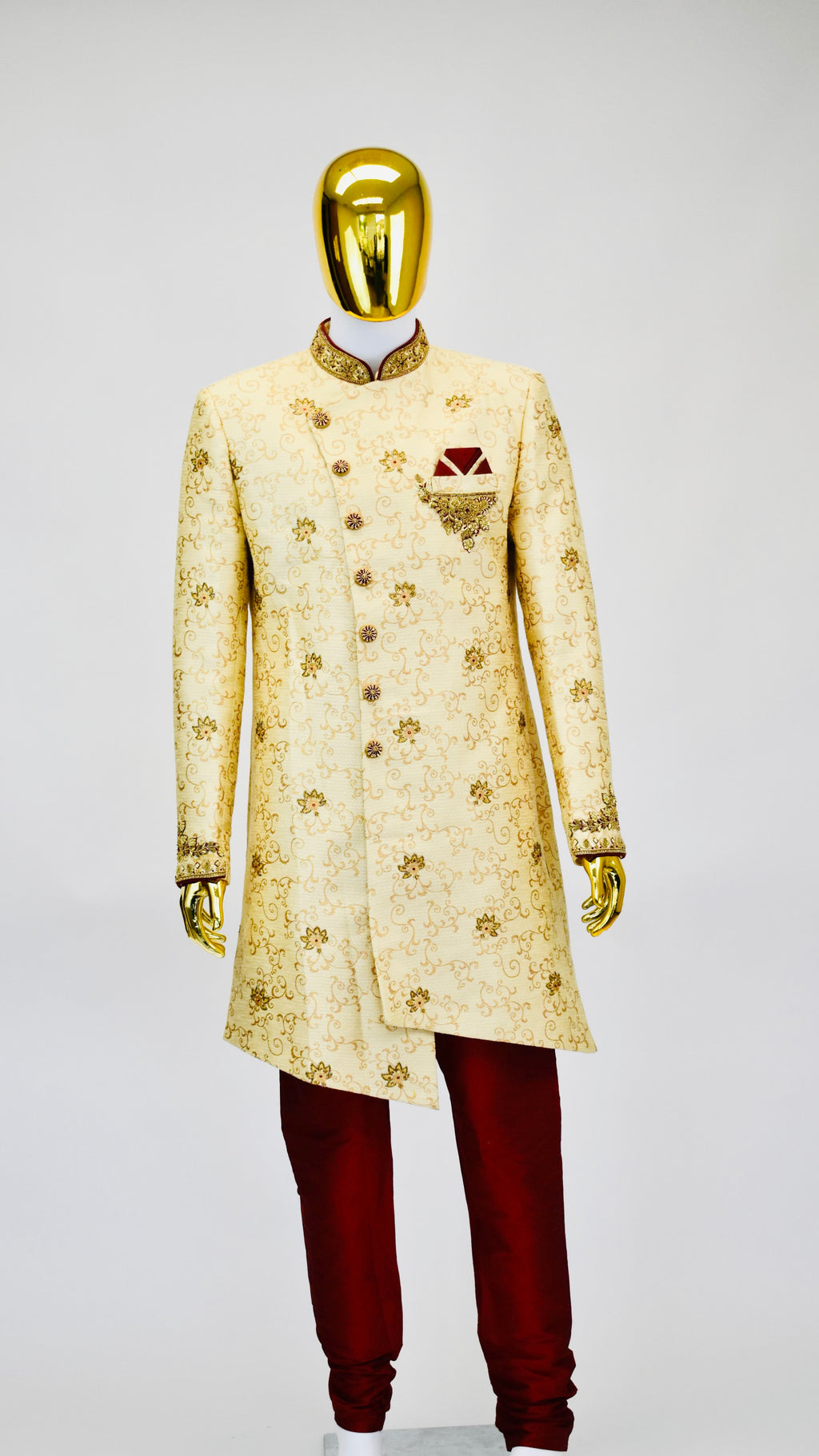 Gold &amp; Maroon Color Sherwani Set