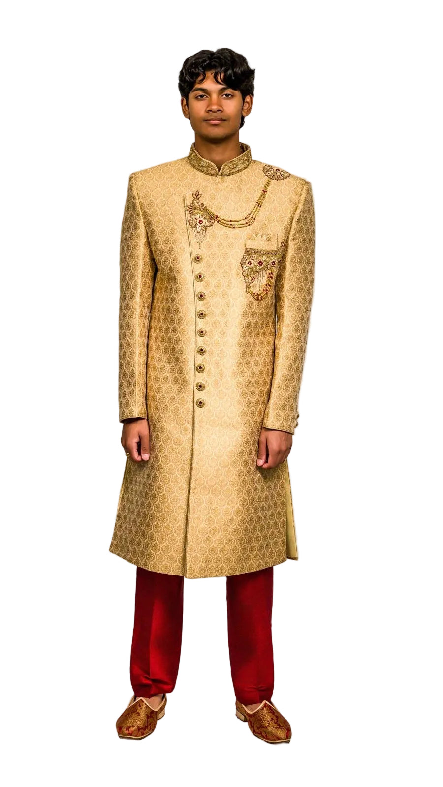 Gold &amp; Maroon Color Sherwani Set