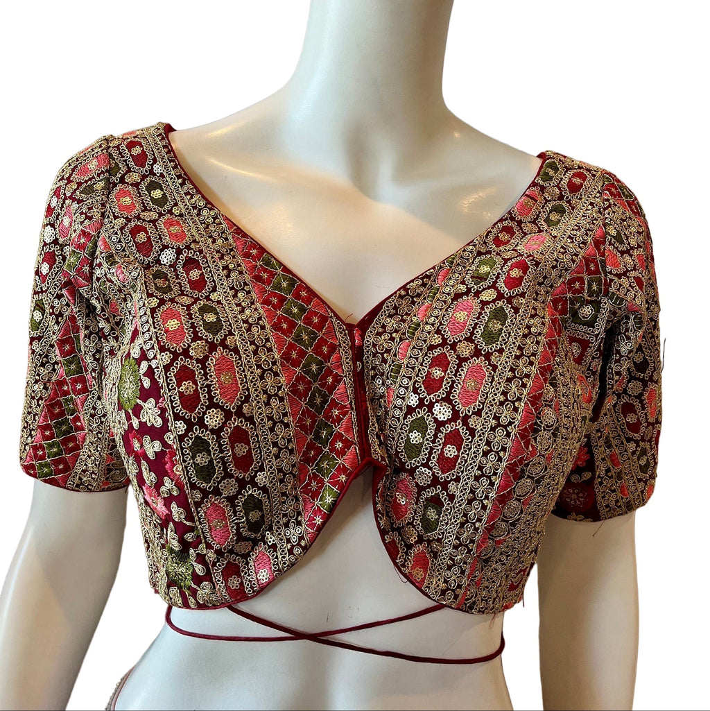 Maroon Embroidered Blouse with Tassels
