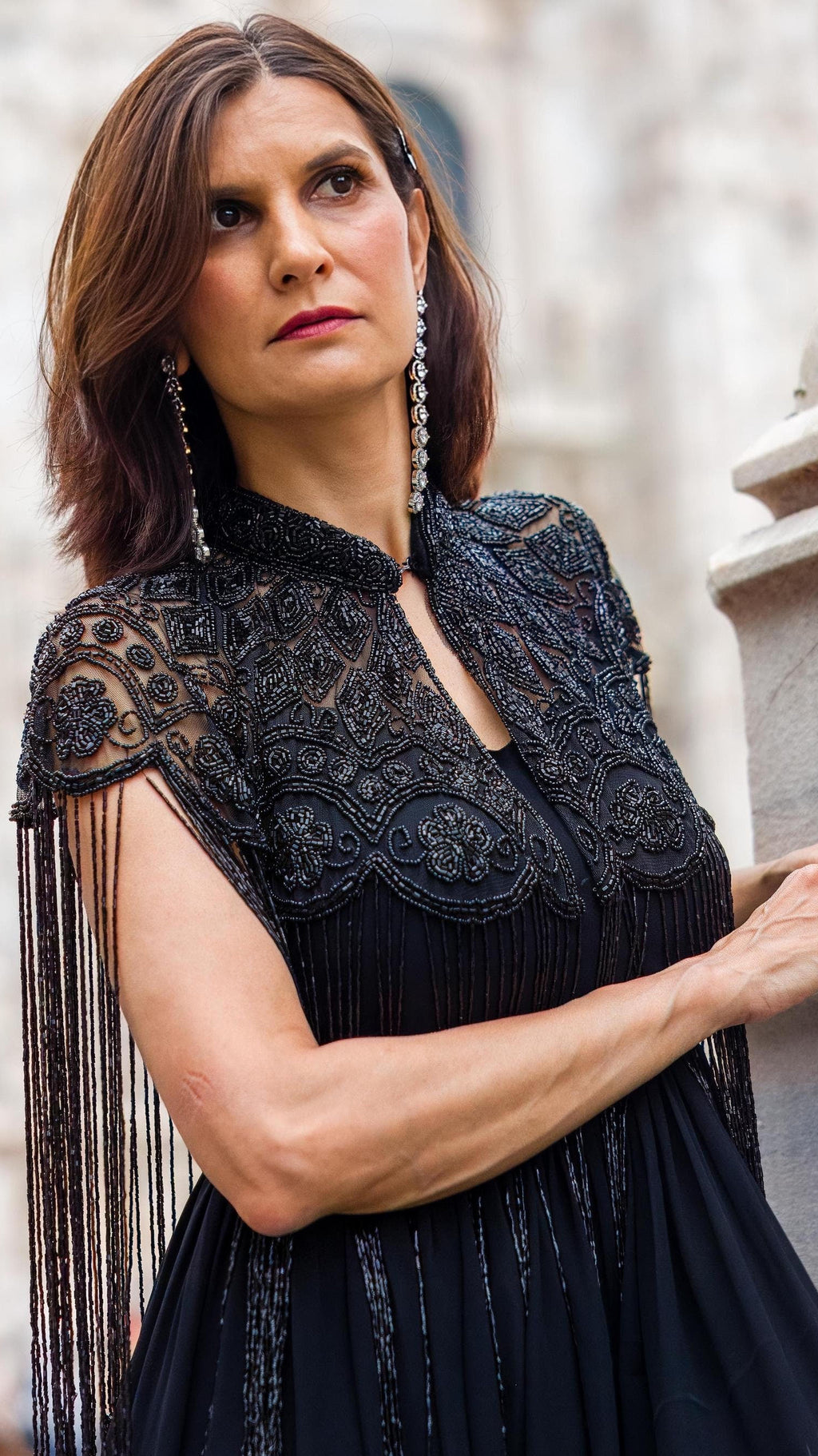 Black Ivory Beaded Tulle Cape With Gown
