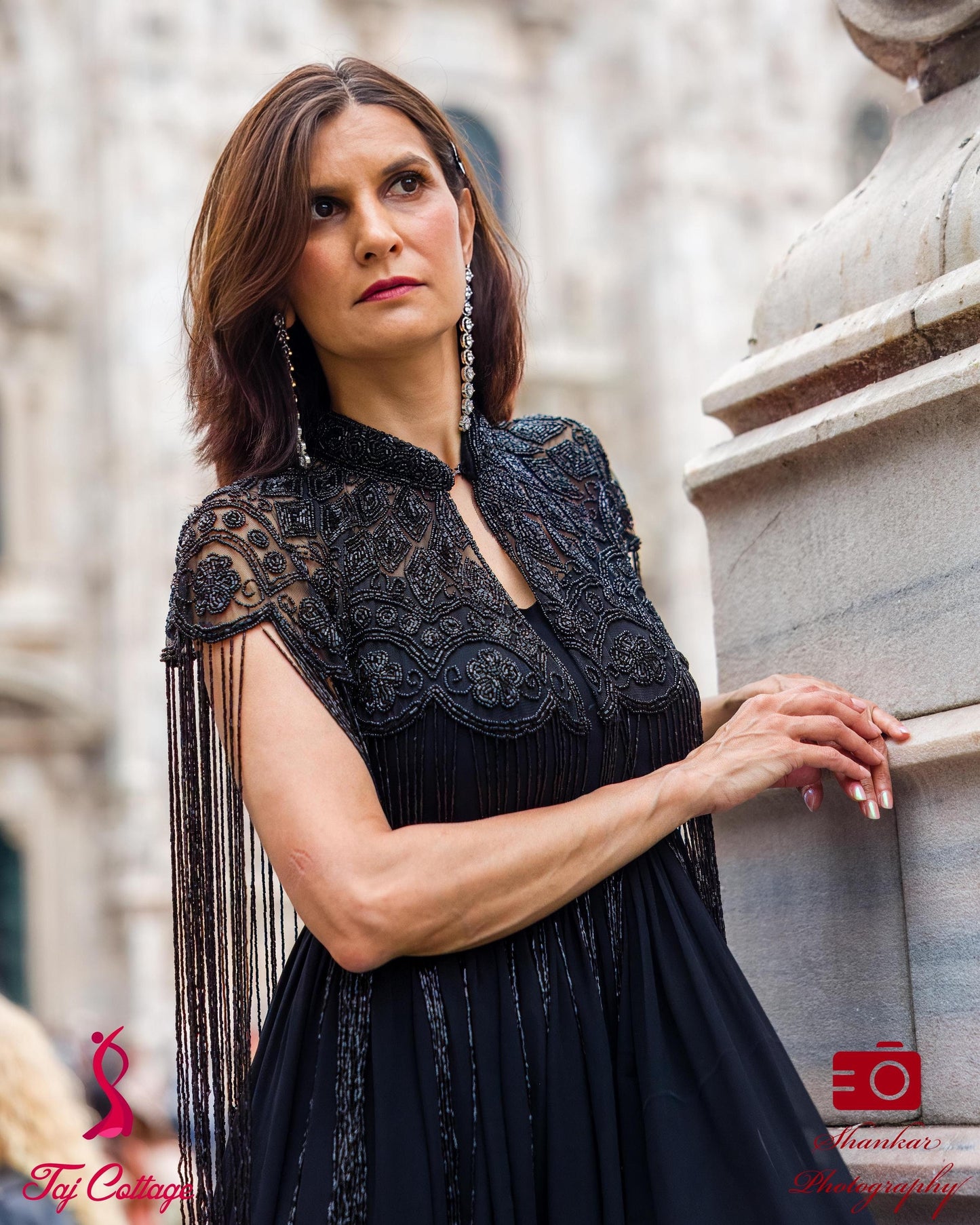 Black Ivory Beaded Tulle Cape With Gown