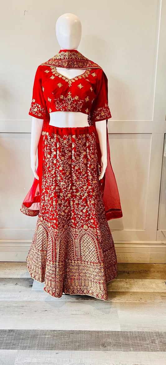Embroidered Red Velvet Lehnga