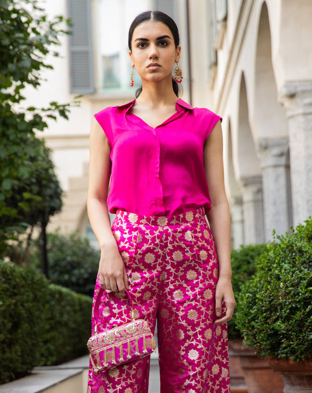 Fuchsia Banarasi Silk Clutch