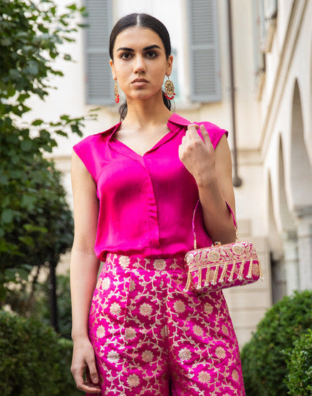 Fuchsia Banarasi Silk Clutch