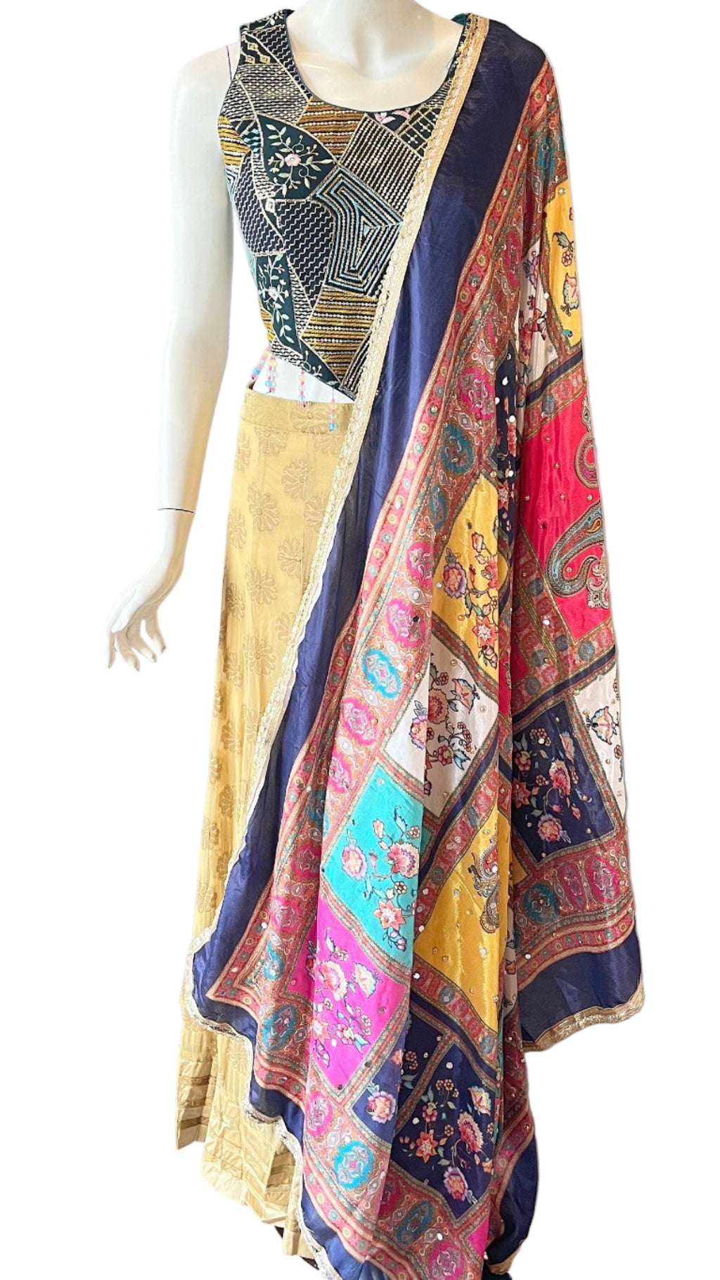 Gold & Blue Embroidered Sleevless Lehnga