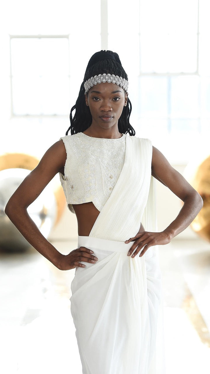 Cream Draped Saree Skirt Set