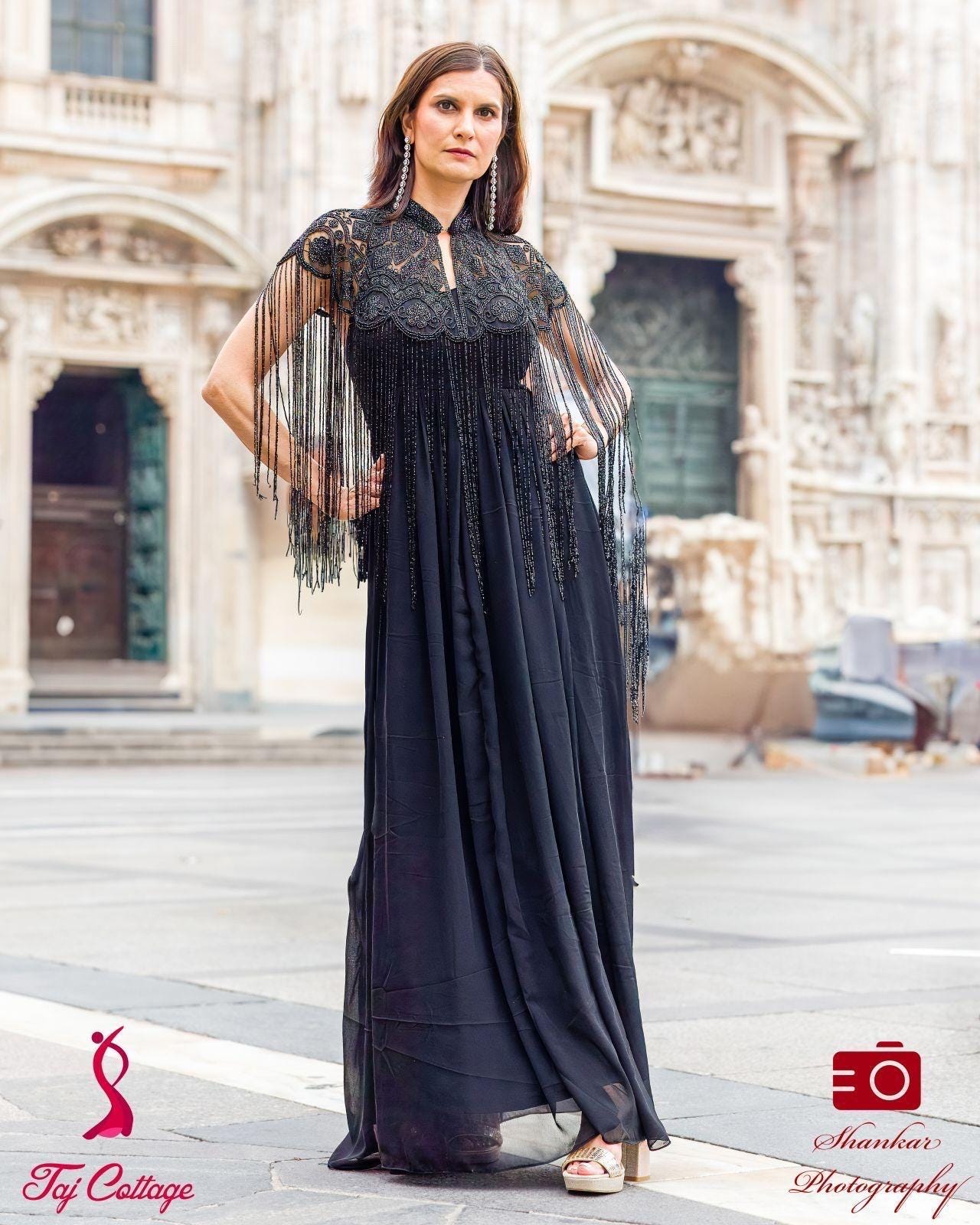 Black Ivory Beaded Tulle Cape With Gown