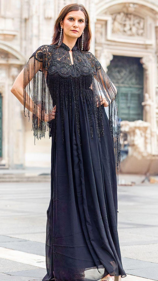 Black Ivory Beaded Tulle Cape With Gown