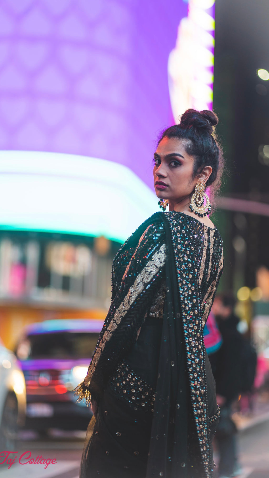 Black & Gold Sequins Readymade Saree